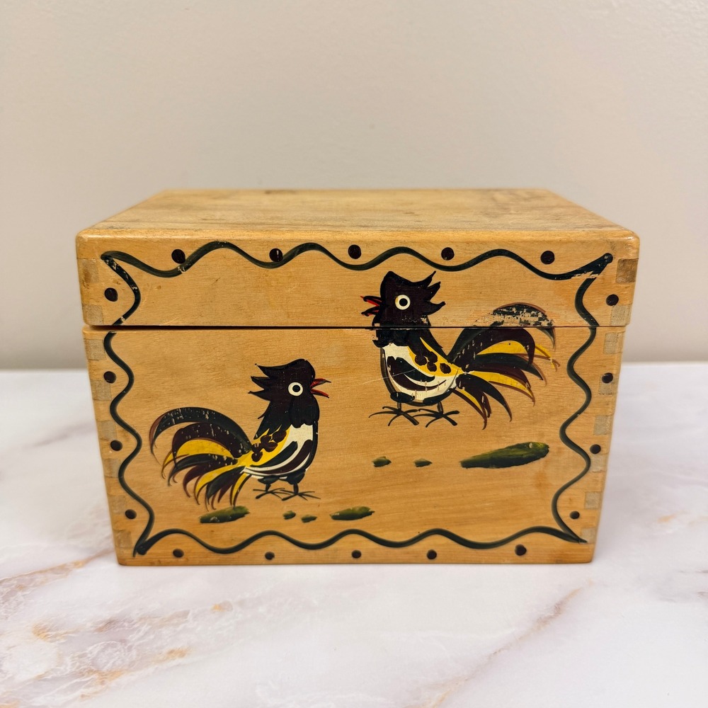 Vintage Recipe Box Woodpecker Hand Painted Wood Ware Box Roosters Japan  Lid